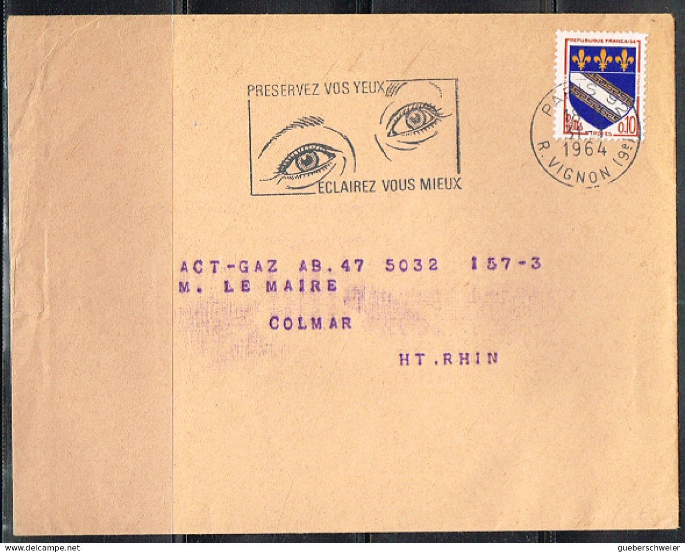 OPT-L41 - FRANCE Flamme Illustrée Sur Lettre De Paris 1964 "Préservez Vos Yeux Eclairez Vous Mieux" - Oblitérations Mécaniques (flammes)