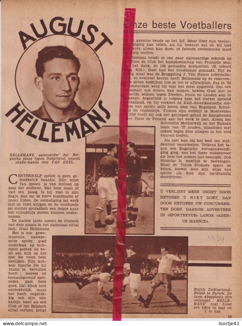 Voetbal Voetballer August Hellemans , Rode Duivel - Orig. Knipsel Coupure Tijdschrift Magazine - 1934 - Unclassified