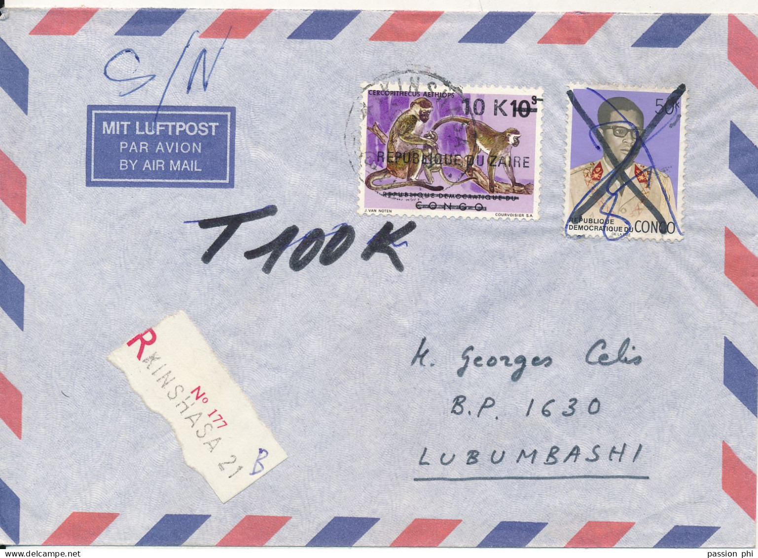 CONGO KIN ZAIRE MONKEYS ON REGISTERED COVER FROM KI. TO LUBUMBASHI - Lettres & Documents