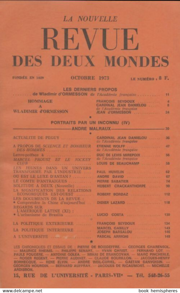 Revue Des Deux Mondes Octobre 1973 (1973) De Collectif - Sin Clasificación