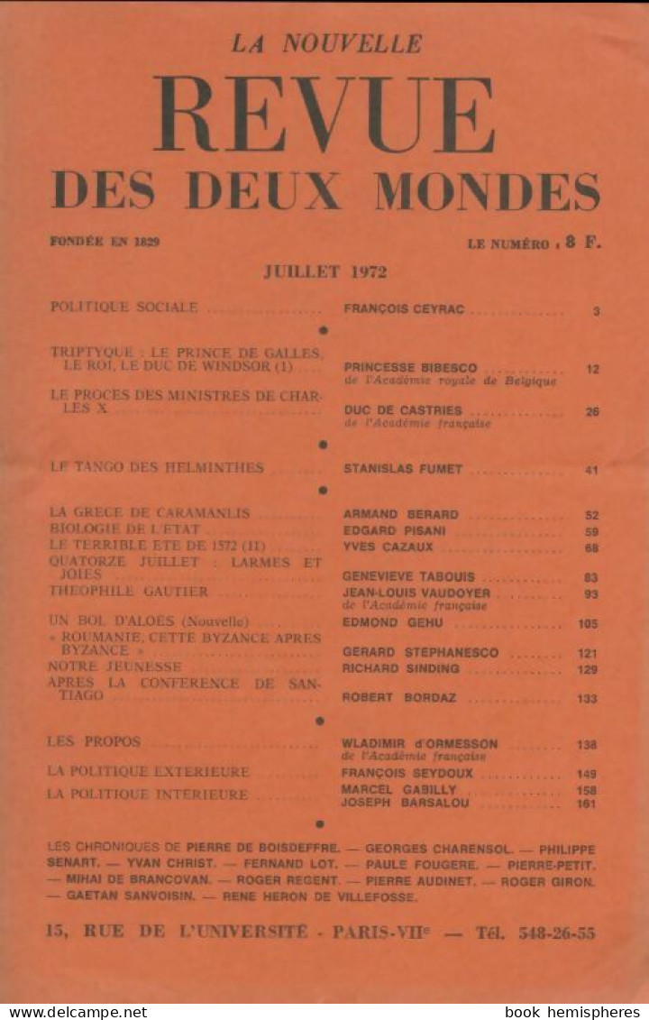 Revue Des Deux Mondes Juillet 1972 (1972) De Collectif - Non Classés