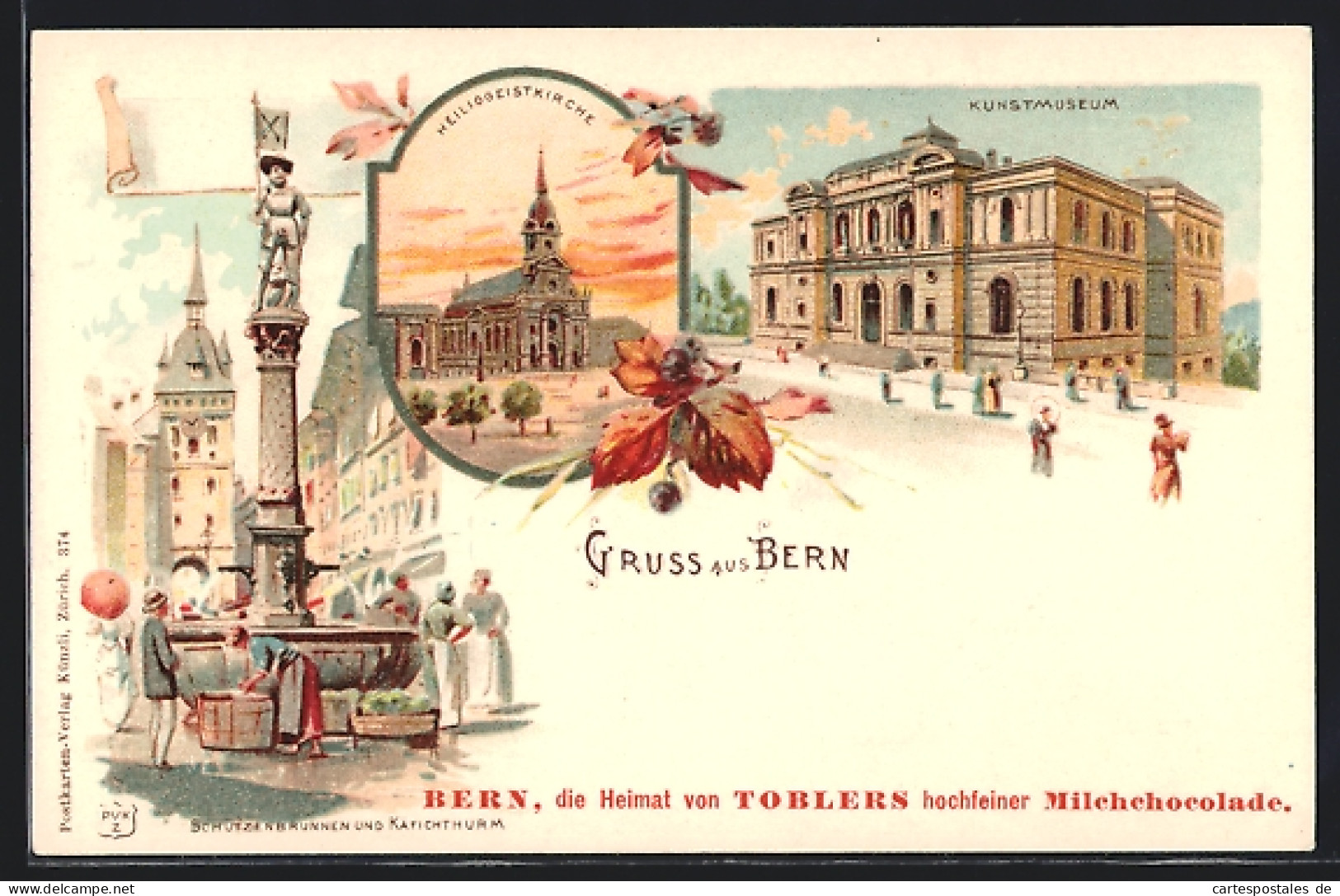 Lithographie Bern, Kunstmuseum, Heiliggeistkirche Und Schützenbrunnen  - Berne