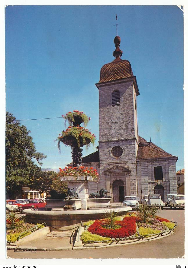 CPSM / CPM 10.5 X 15 Jura CHAMPAGNOLE La Place De L'Eglise Fontaine 2cv Citroën  Renault Dauphine - Champagnole