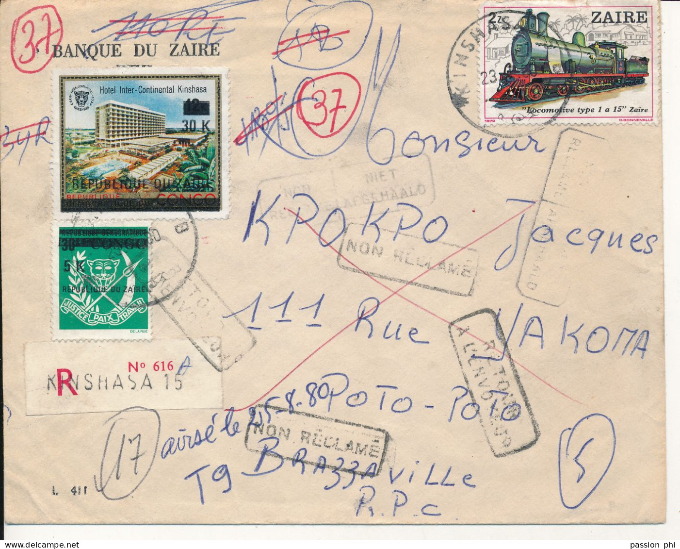 CONGO KIN ZAIRE REGISTERED COVER KIN.15 TO BRAZZA. - Lettres & Documents