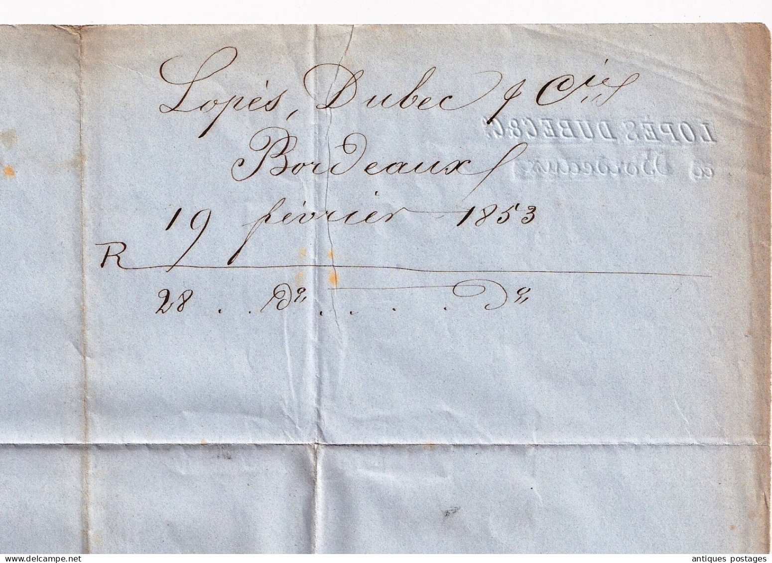 Lettre 1853 Taxe Double Trait 25 centimes Bordeaux Gironde Nantes Loire Atlantique Lopez Lopès Dubec & Cie