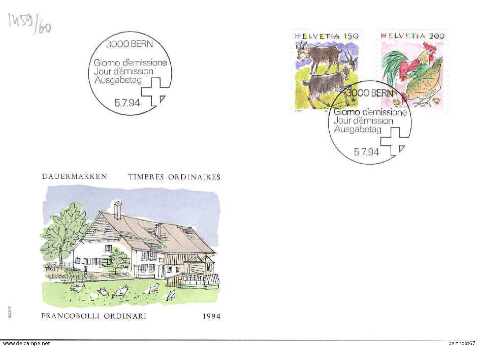 Suisse Poste Obl Yv:1459/1460 Animaux IV Bern 5-7-94 Fdc - FDC