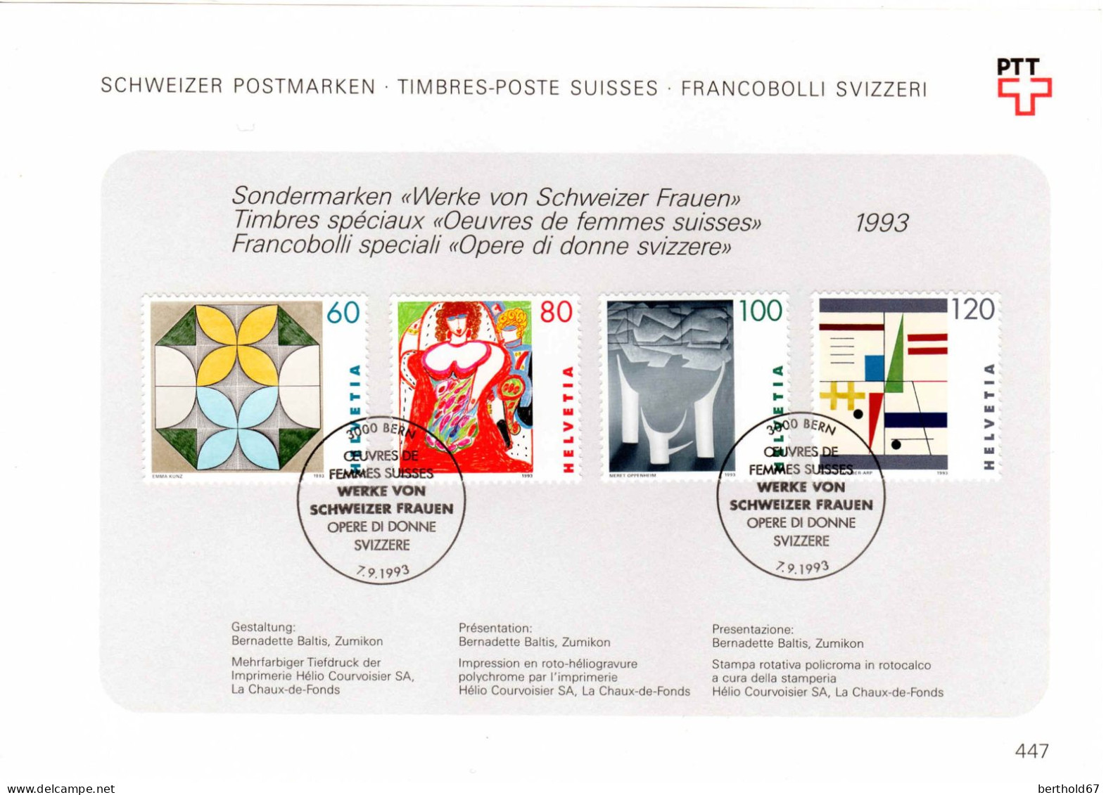 Suisse Poste Obl Yv:1435/1438 Œuvres De Femmes Suisses Kunz Aloise Oppenheim Taeuber Bern 7-9-1993 Feuillet PTT Fdc - FDC