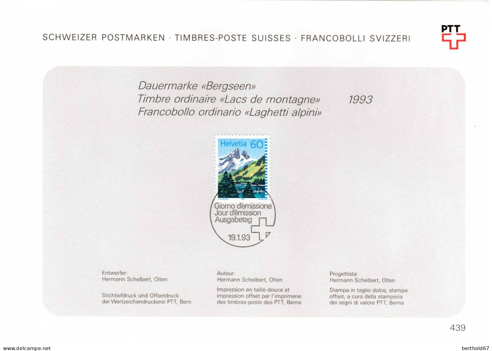 Suisse Poste Obl Yv:1418 Mi:1489 Lac De Tanay Bern 19-1-93 Feuillet PTT Fdc - FDC