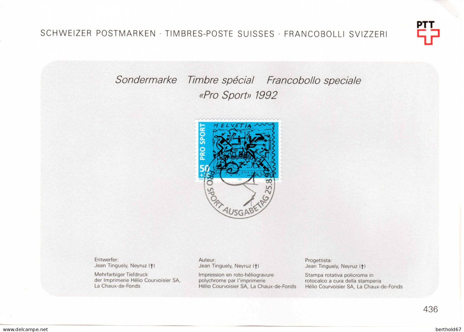 Suisse Poste Obl Yv:1410 Mi:1482 Pro Sport Bern 25-8-92 Feuillet PTT Fdc - FDC