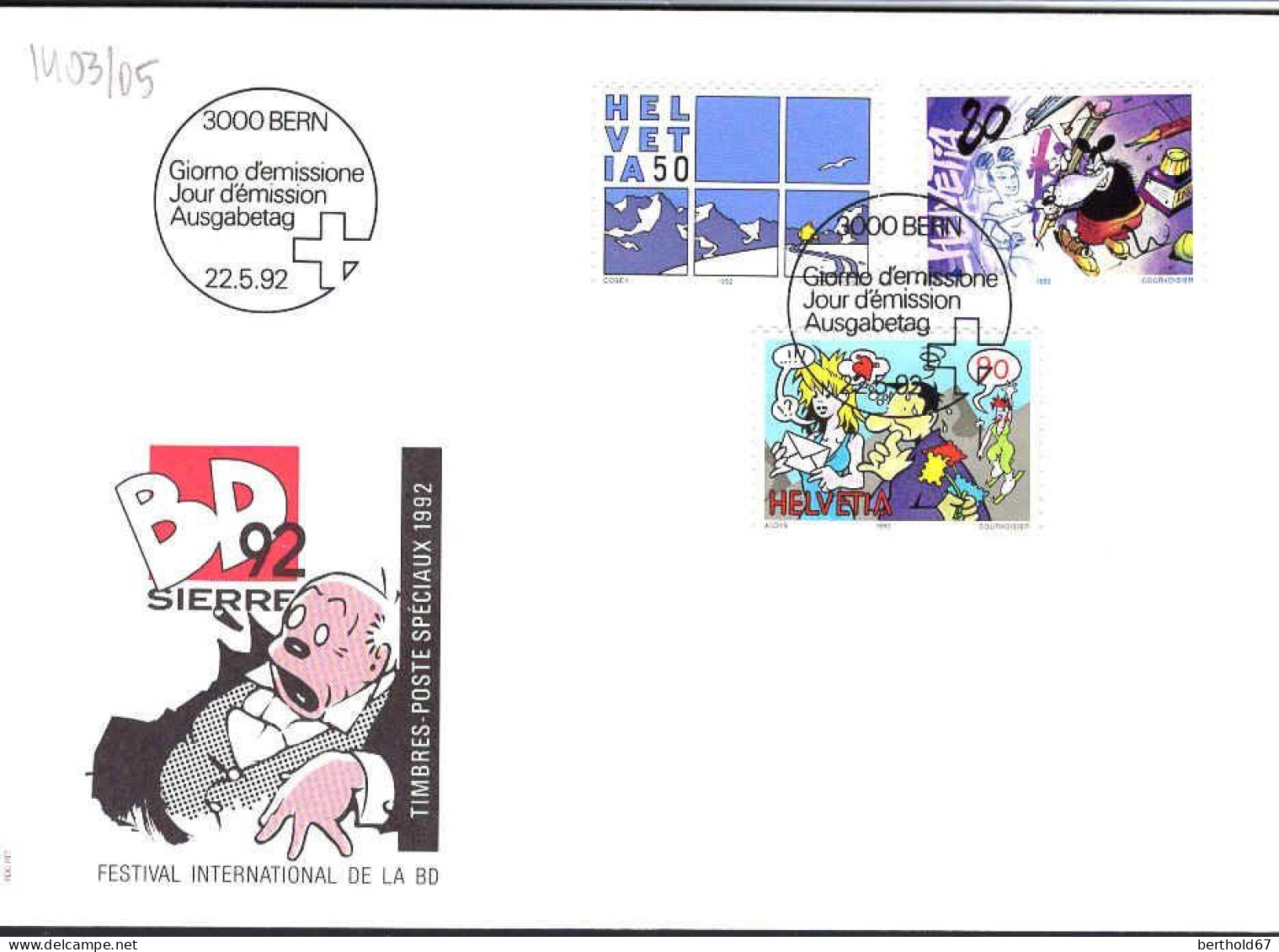 Suisse Poste Obl Yv:1403/1405 La Bande Dessinée Bern 22-5-92 Fdc - FDC