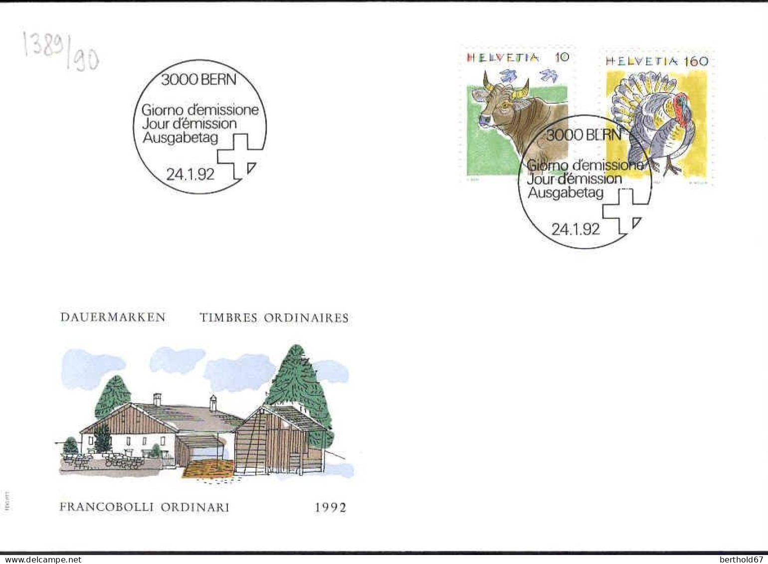 Suisse Poste Obl Yv:1389/1390 Animaux Bern 24-1-92 Fdc - FDC