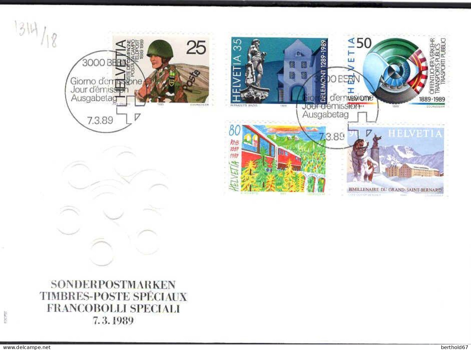 Suisse Poste Obl Yv:1314/1318 Commémorations Bern 7-3-89 Fdc - FDC