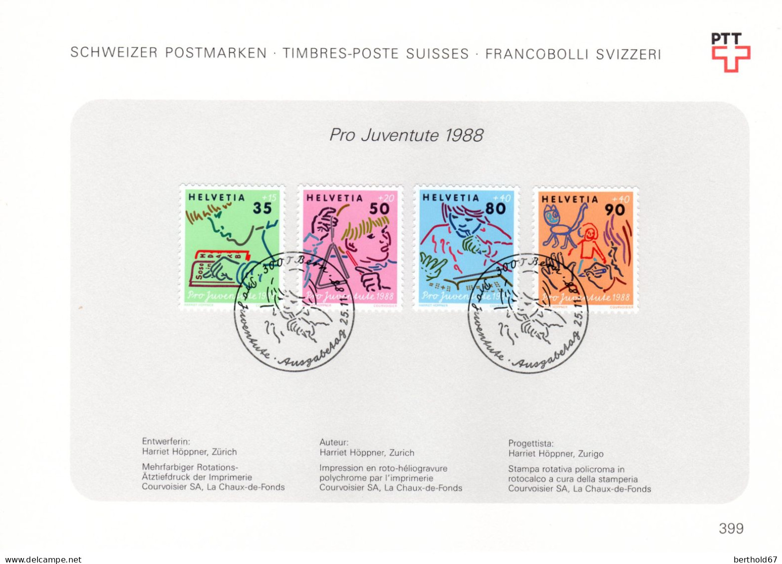 Suisse Poste Obl Yv:1309/1312 Pro Juventute Le Developpement De L'enfant 2.Serie Bern 25-11-88 Feuillet PTT Fdc - FDC