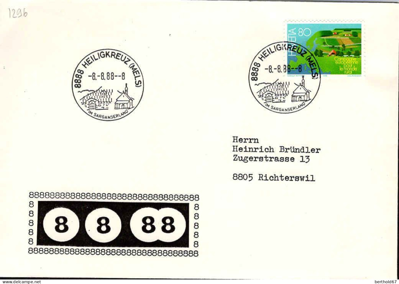 Suisse Poste Obl Yv:1296 Mi 1367 Yv:1,2 Euro(TB Cachet à Date) Heiligkreuz 8.8.88 - Storia Postale