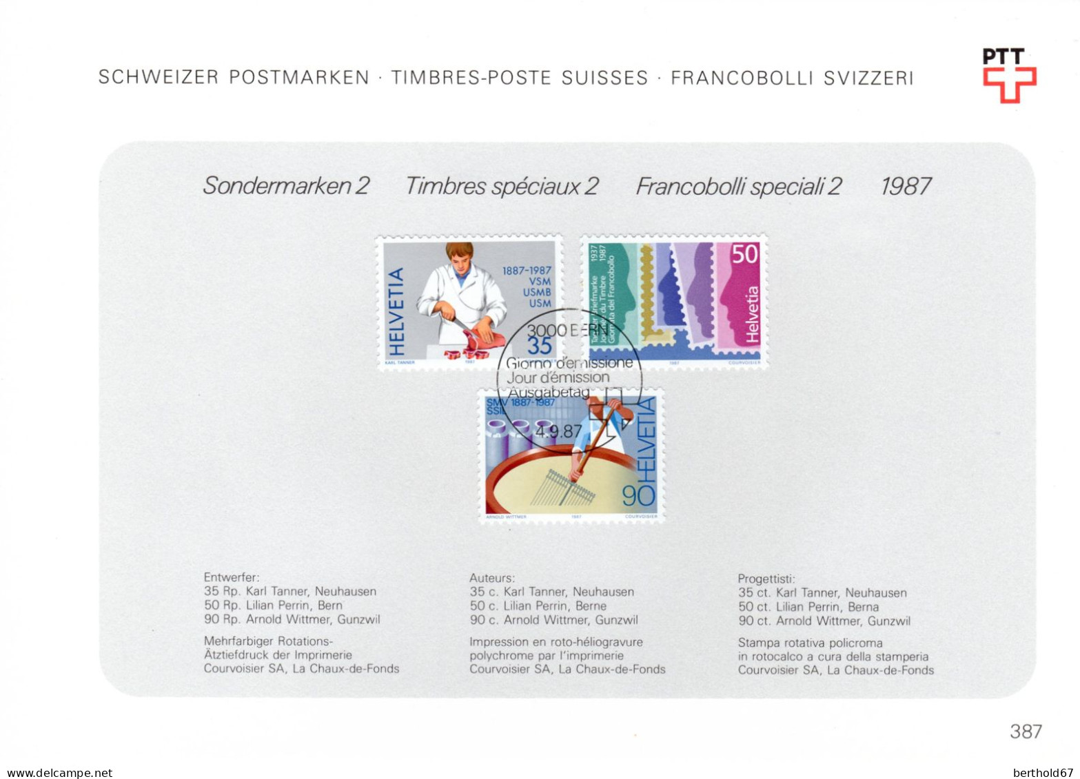 Suisse Poste Obl Yv:1284/1286 Commémorations Bern 4-9-87 Feuillet PTT Fdc - FDC