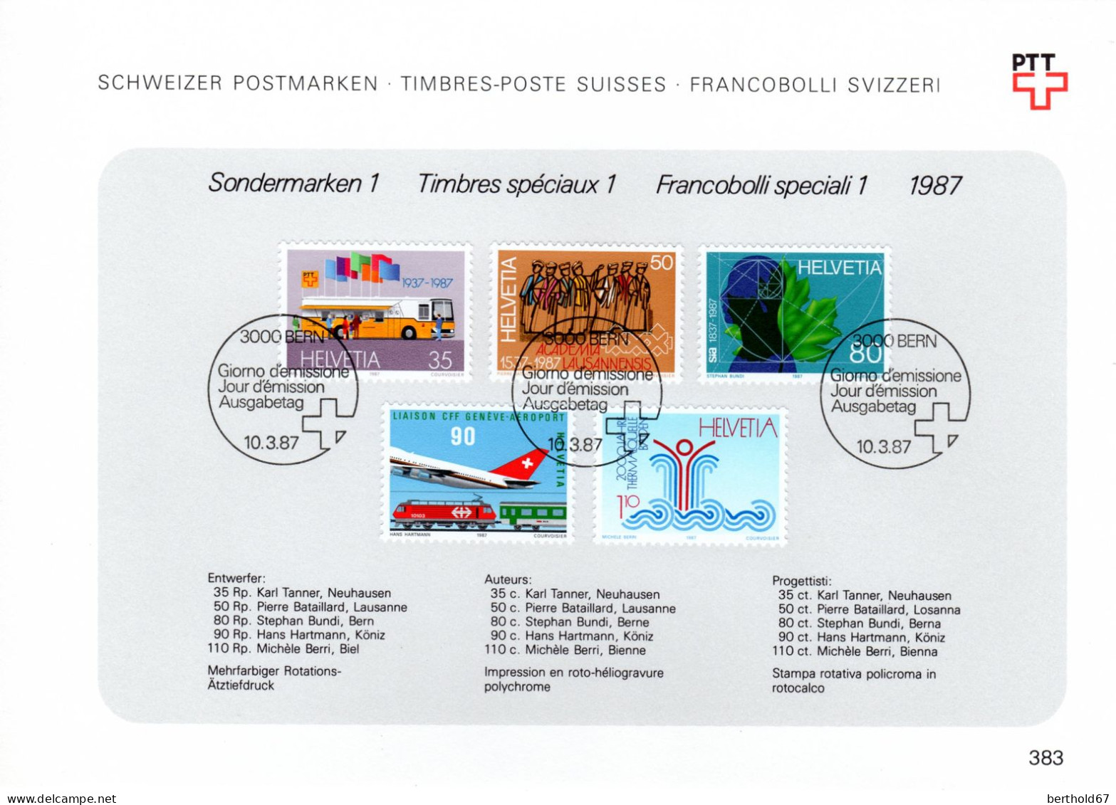 Suisse Poste Obl Yv:1269/1273 Commémorations Bern 10-3-87 Feuillet PTT Fdc - FDC