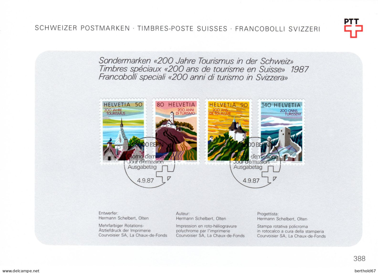 Suisse Poste Obl Yv:1280/1283 Bicentenaire Du Tourisme En Suisse Bern 4-9-87 Feuillet PTT Fdc - FDC