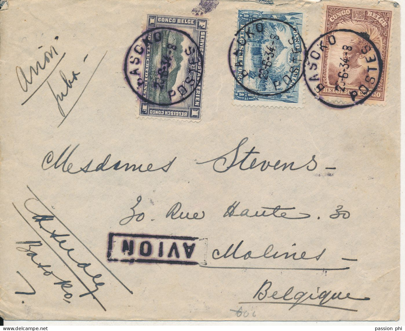 BELGIAN CONGO AIR COVER FROM BASOKO 20.06.34 TO MECHELEN - Lettres & Documents
