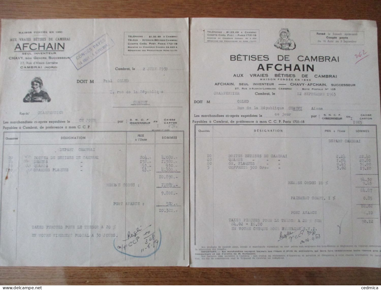 BÊTISES DE CAMBRAI AFCHAIN AUX VRAIES BÊTISES DE CAMBRAI FACTURES DES 2 JUIN 1959 ET 12 SEPTEMBRE 1963 AFCHAIN INVENTEUR - 1950 - ...