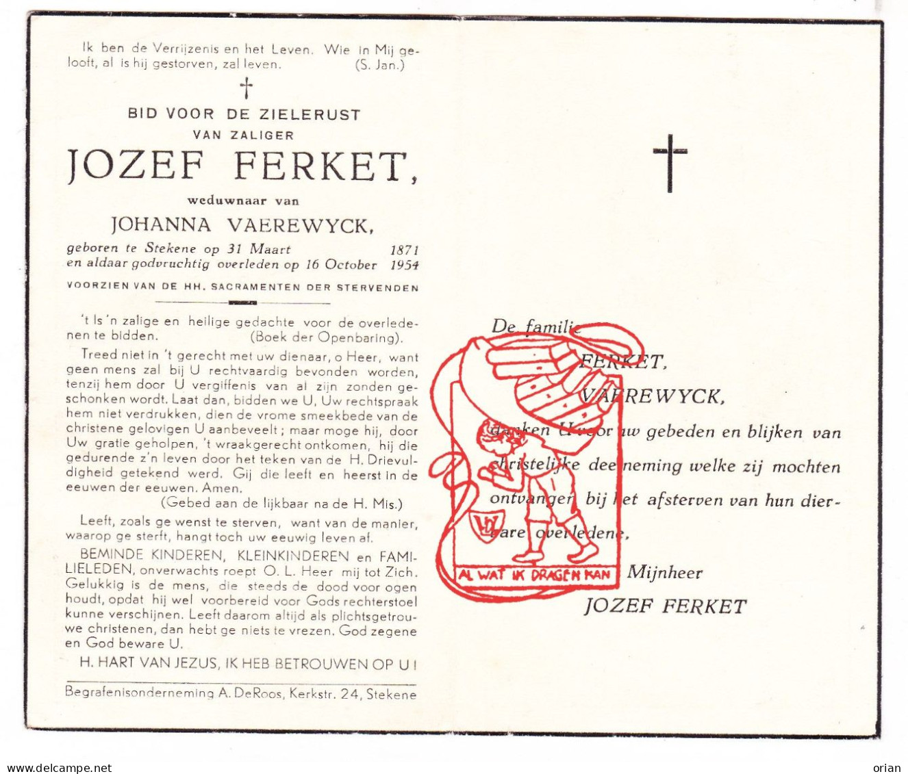 DP Jozef Ferket ° Stekene 1871 † 1954 X Johanna Vaerewyck - Andachtsbilder