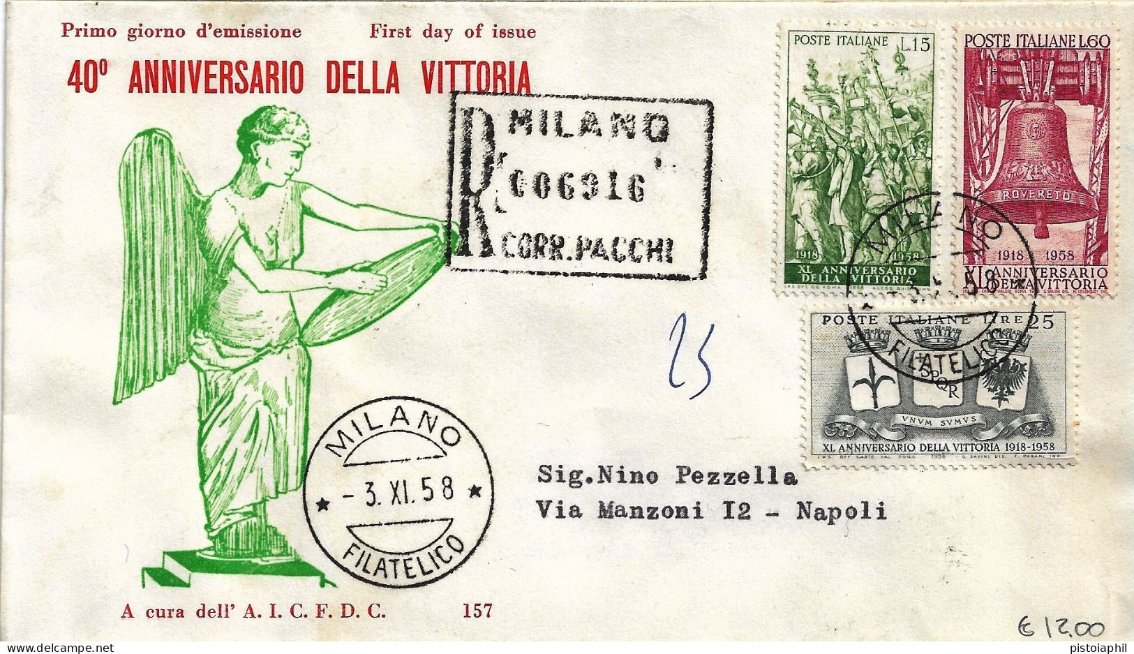 Fdc Aicfdc: 40° ANNIVERSARIO DELLA VITTORIA (1958); Raccomandata - FDC