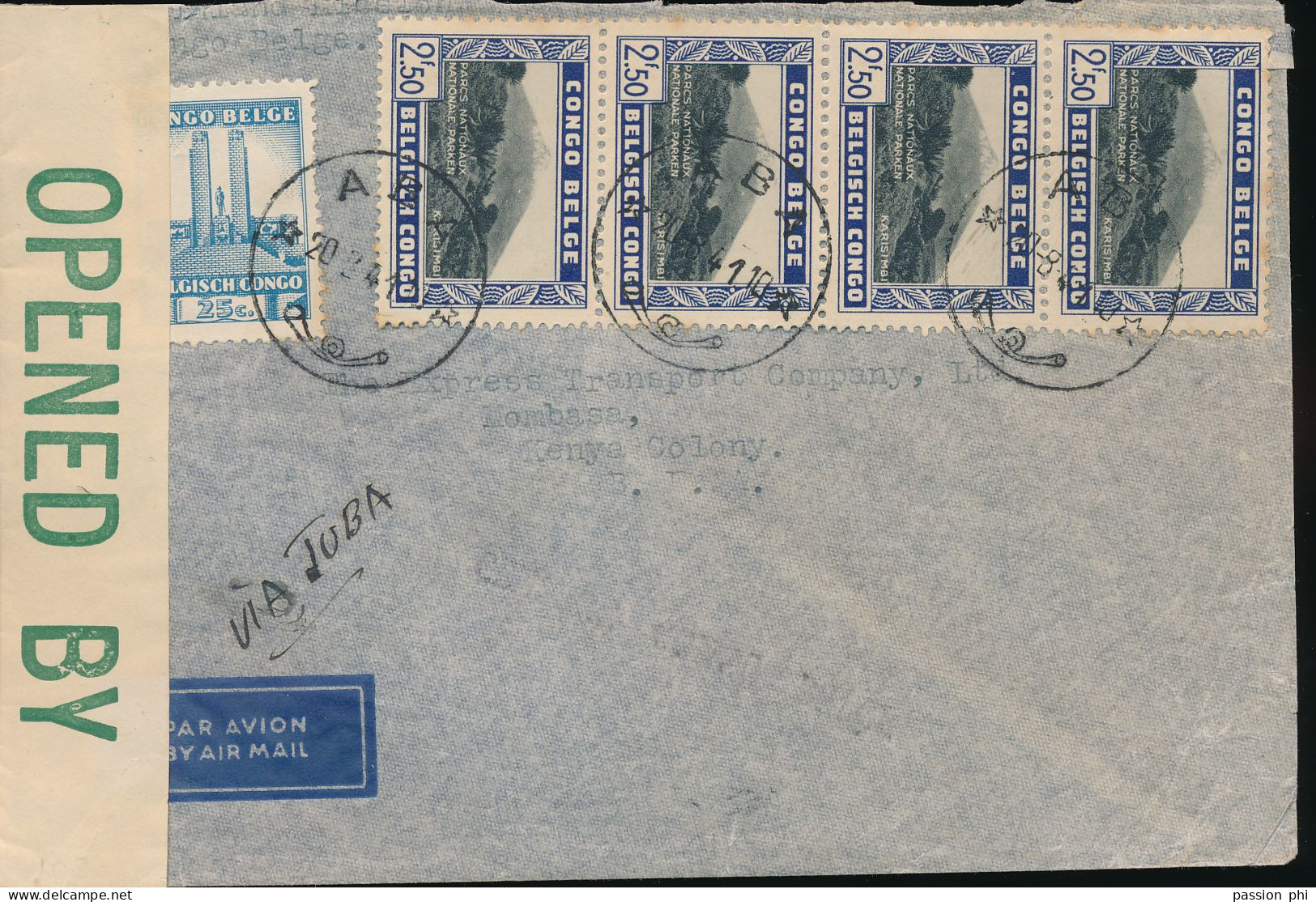 BELGIAN CONGO CENSORED COVER FROM ABA 20.08.41 TO MOMBASA KENYA - Lettres & Documents