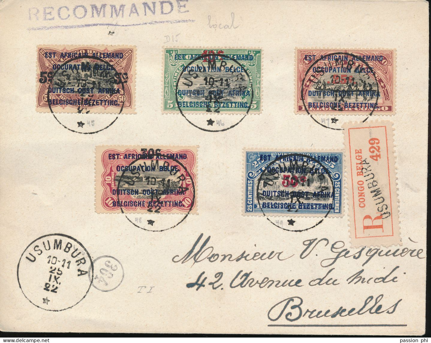 RUANDA URUNDI GEA 1922 ISSUE SET ON REGISTERED SET FROM USUMBURA 25.09.22 TO BRUSSELS - Lettres & Documents