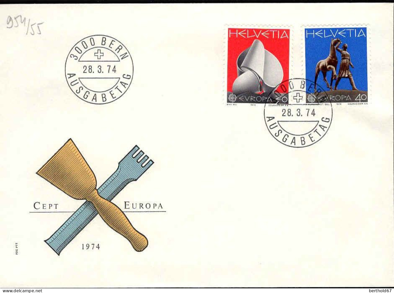 Suisse Poste Obl Yv: 954/955 Europa Cept Sculptures Bern 28-3-74 Fdc - FDC