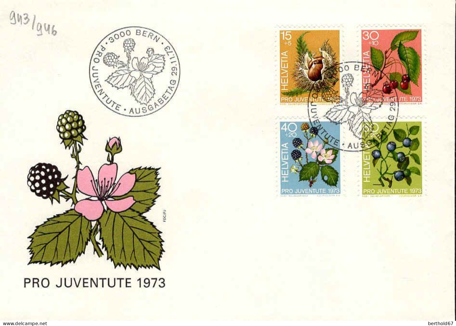 Suisse Poste Obl Yv: 943/946 Pro Juventute Fruits Des Forêts Bern 29-11-73 Fdc - FDC
