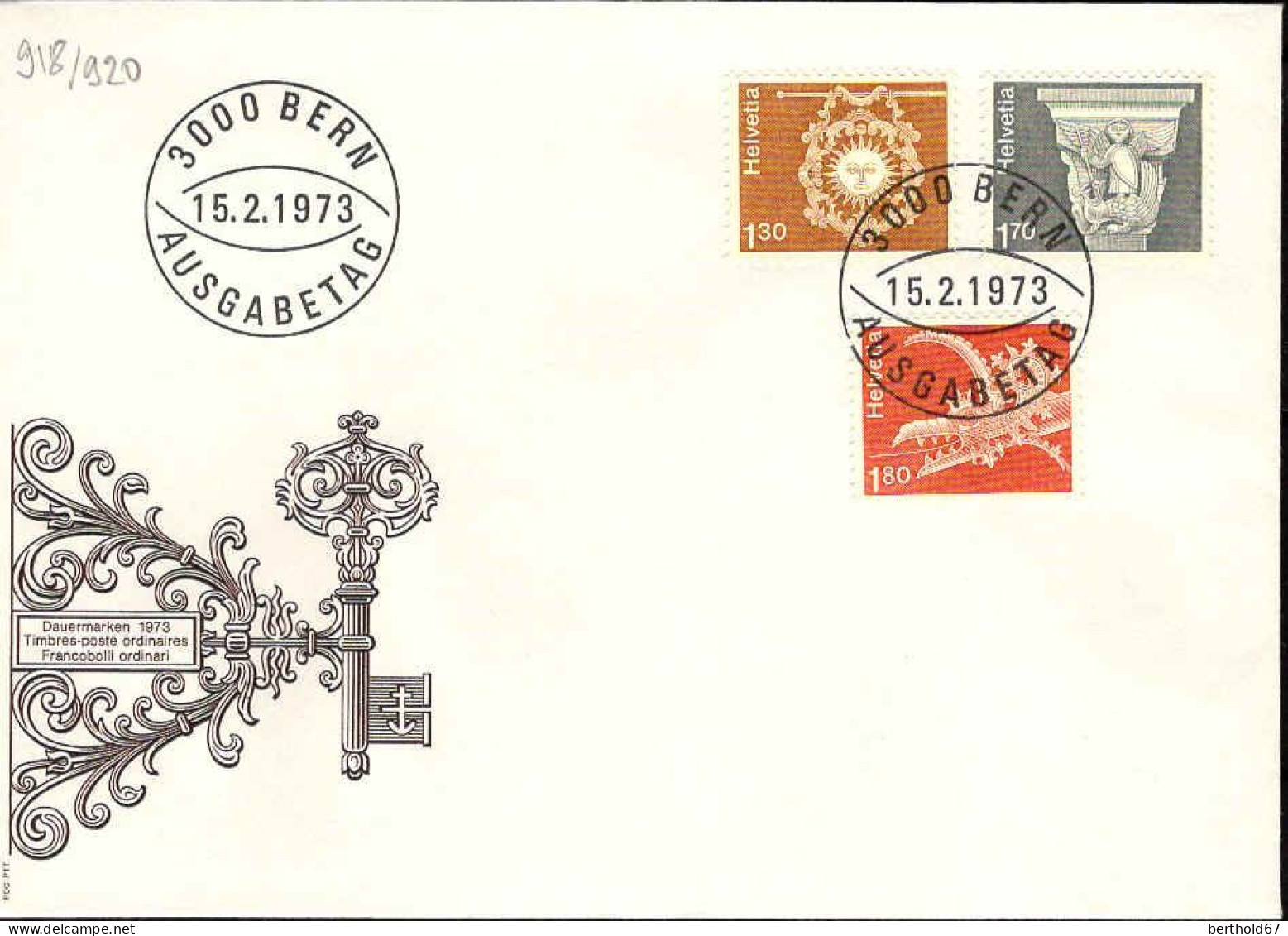 Suisse Poste Obl Yv: 918/920 Architecture & Travail Artisanal Bern 15-2-1973 Fdc - FDC