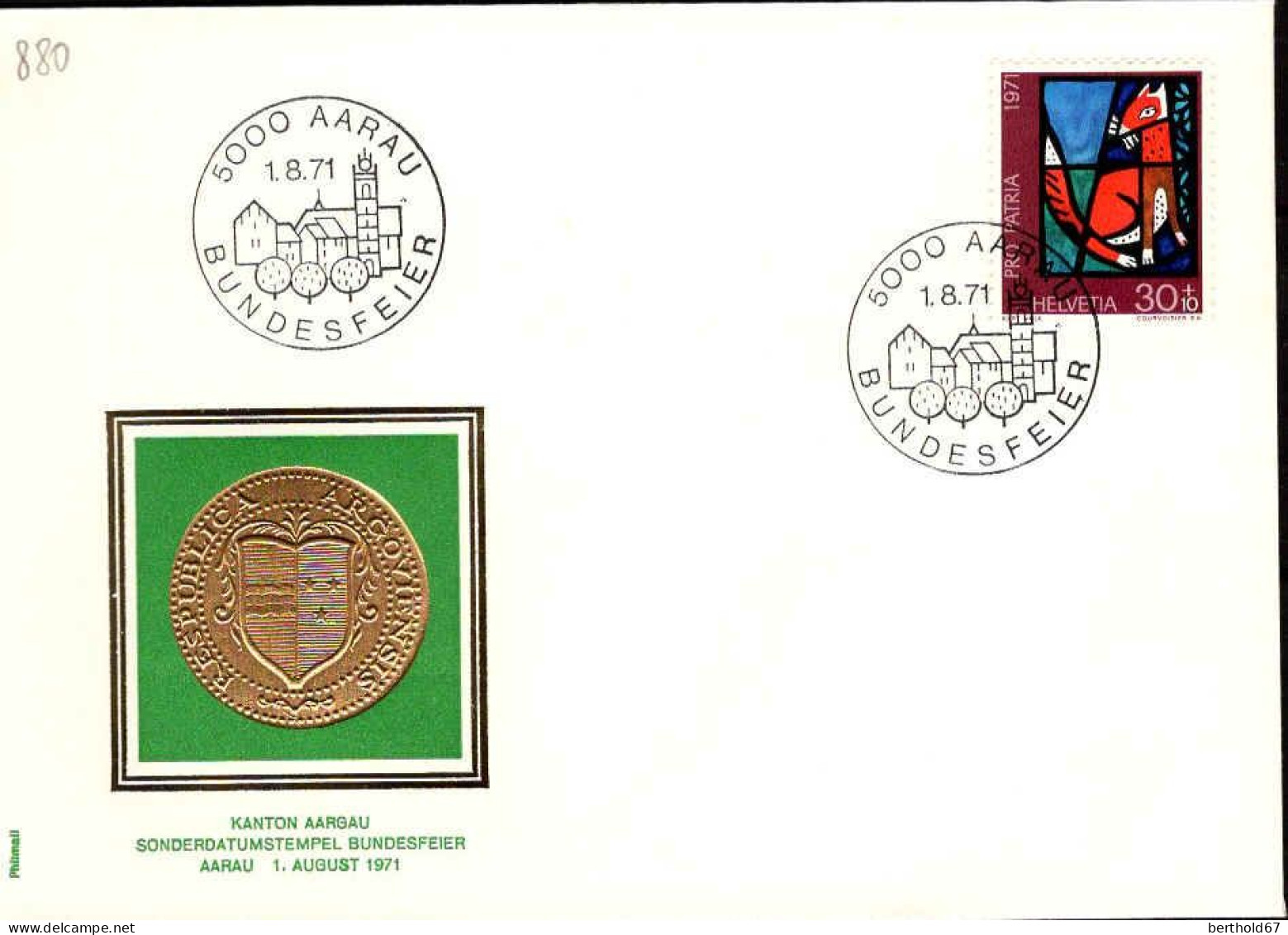 Suisse Poste Obl Yv: 880 Bundesfeier Kanton Aarbau (TB Cachet à Date) 1-8-71 - Briefe U. Dokumente