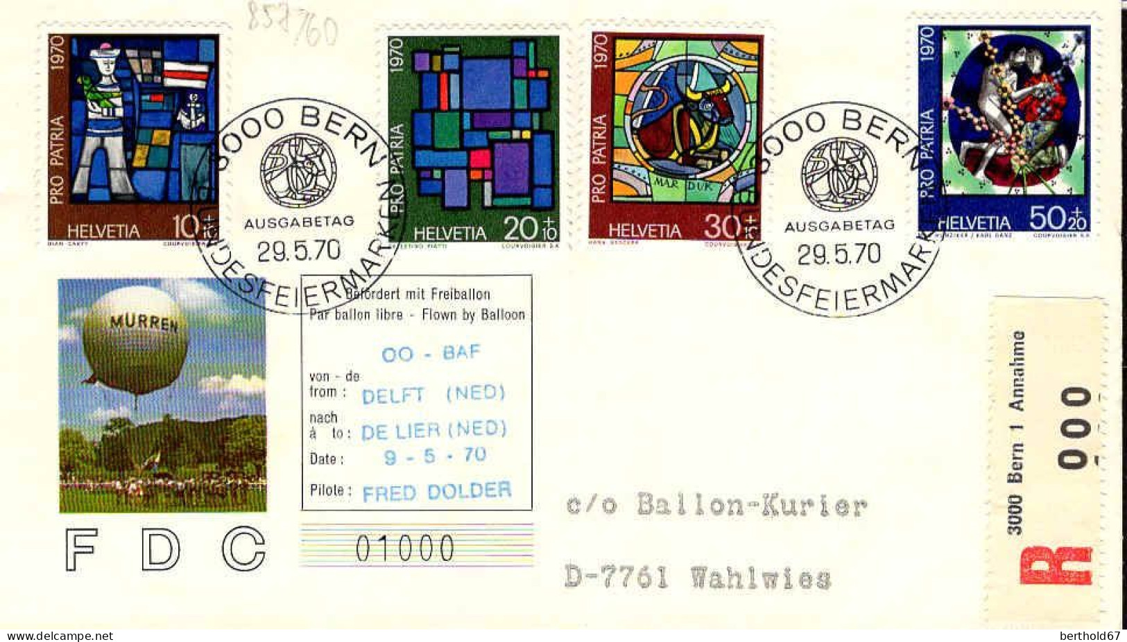 Suisse Poste Obl Yv: 857/860 Pro Patria Vitraux (TB Cachet à Date) Freiballon Fahrt - Covers & Documents