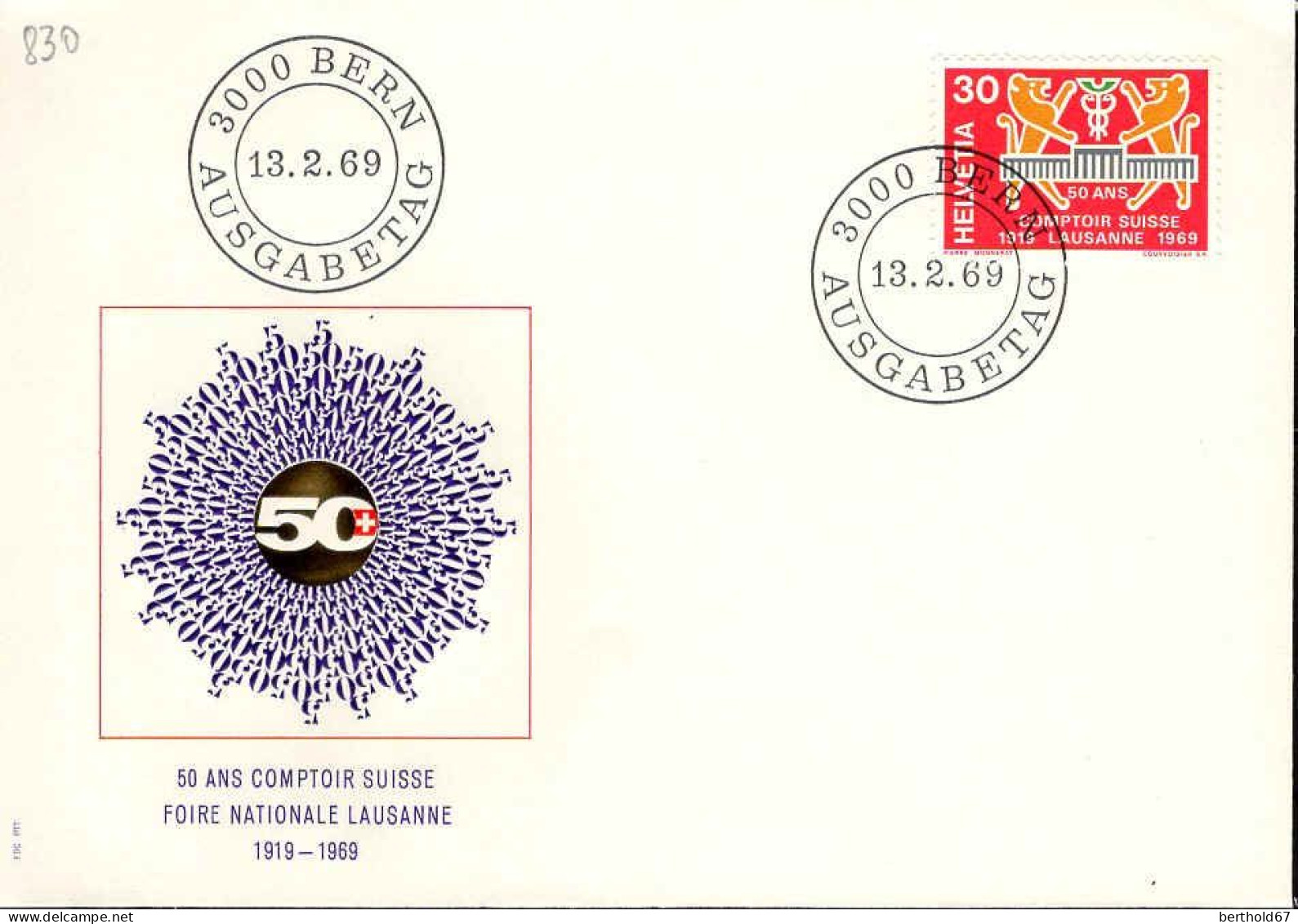 Suisse Poste Obl Yv: 830 Mi:897 Comptoir Suisse Lausanne 50 Ans (TB Cachet à Date) Bern 13-2-69 TC - Lettres & Documents