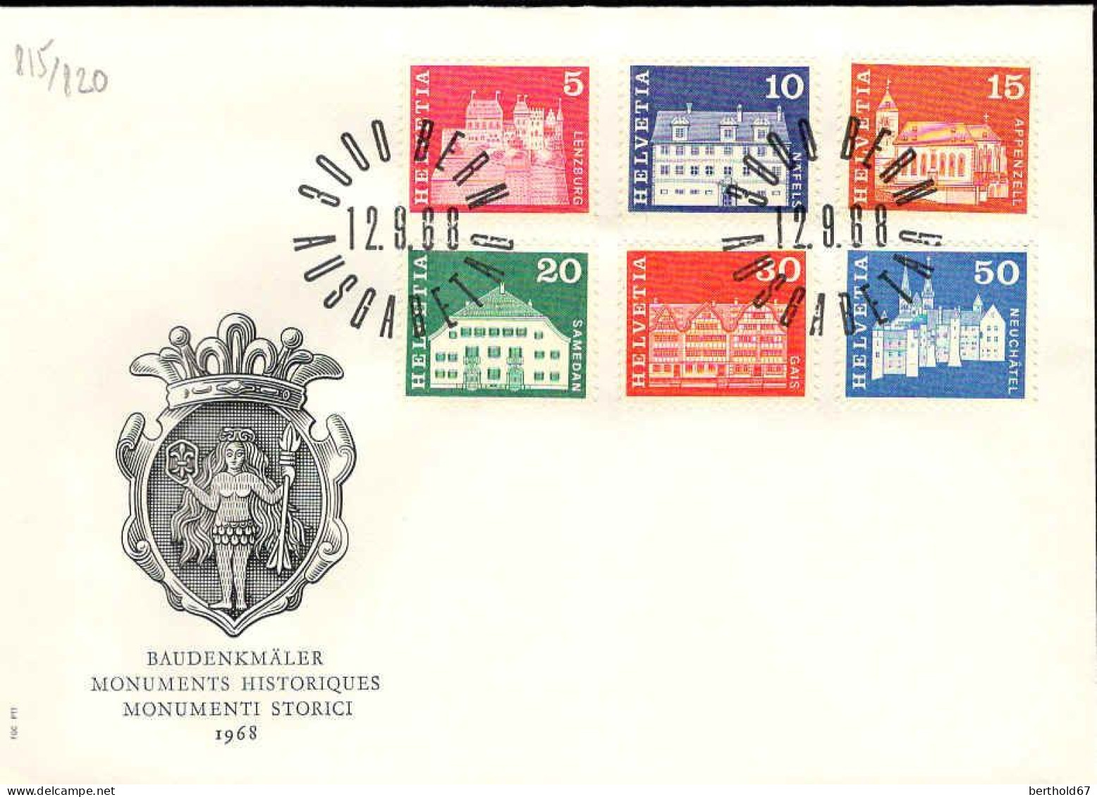 Suisse Poste Obl Yv: 815/823 Monuments Historiques Bern 12-9-68 Fdc - FDC