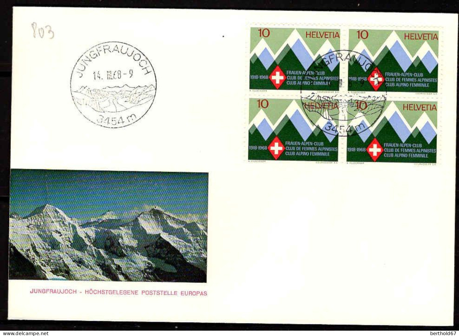 Suisse Poste Obl Yv: 803  Jungfraujoch (TB Cachet à Date) Bloc De 4 - Lettres & Documents