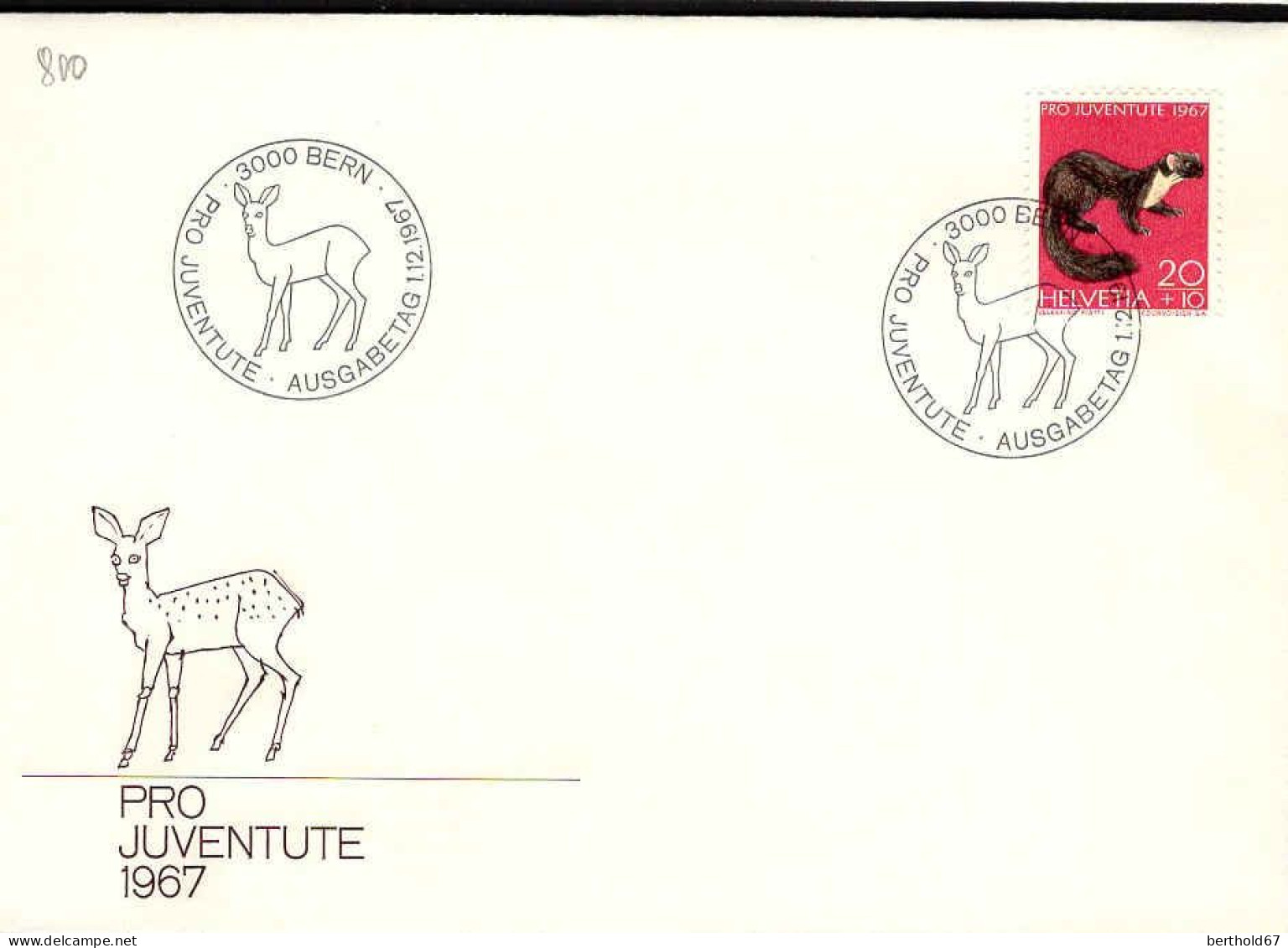 Suisse Poste Obl Yv: 800 Mi:867 Pro Juventute Martre (TB Cachet à Date) Bern 1-12-1967 Fdc - FDC