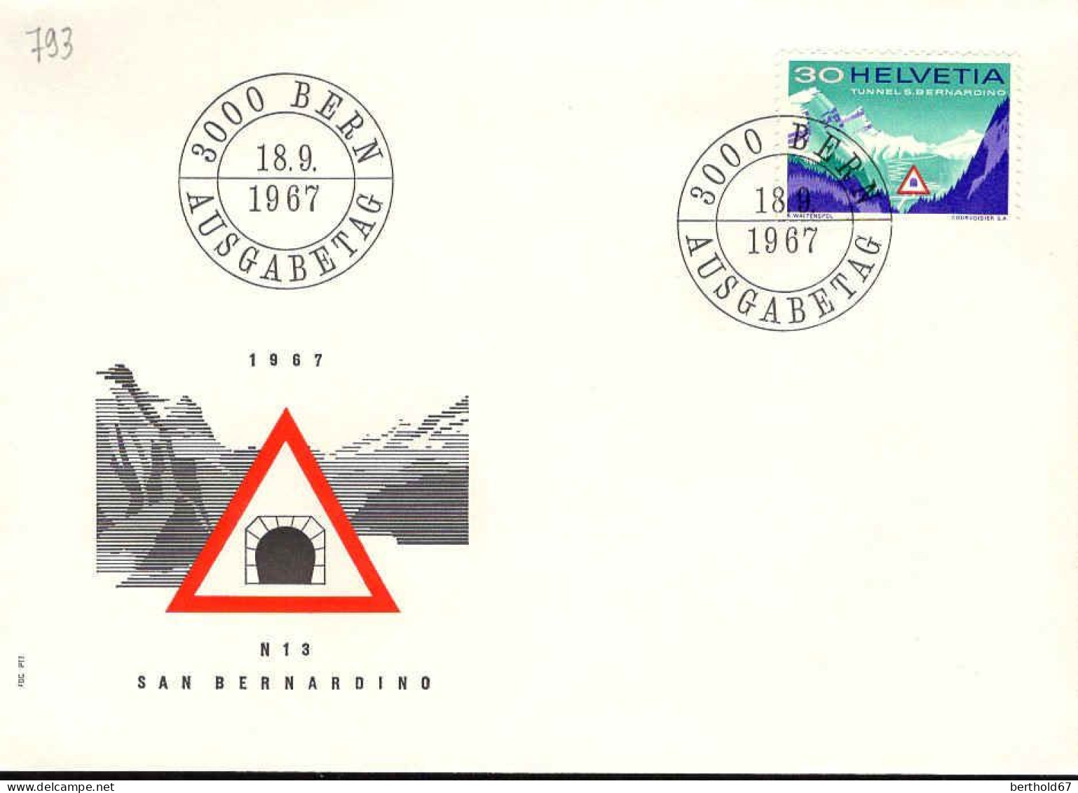 Suisse Poste Obl Yv: 793 Mi:860 Tunnel S.Bernardino (TB Cachet à Date) Bern 18-9-1967 Fdc - FDC