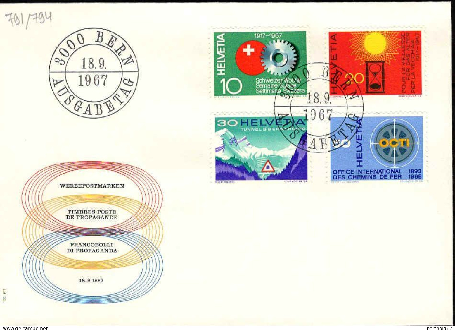Suisse Poste Obl Yv: 791/794 Commemorations Bern 18-9-1967 Fdc - FDC