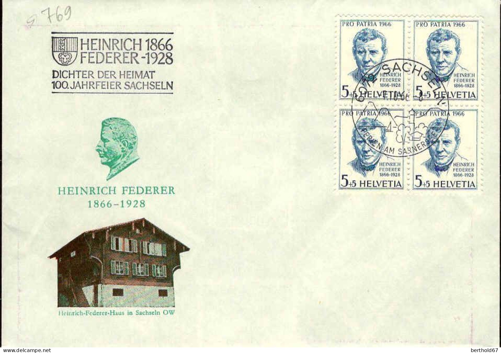 Suisse Poste Obl Yv: 769 Mi:836 Pro Patria Heinrich Federer Ecrivain Suisse Bloc De 4 (TB Cachet à Date) - Lettres & Documents