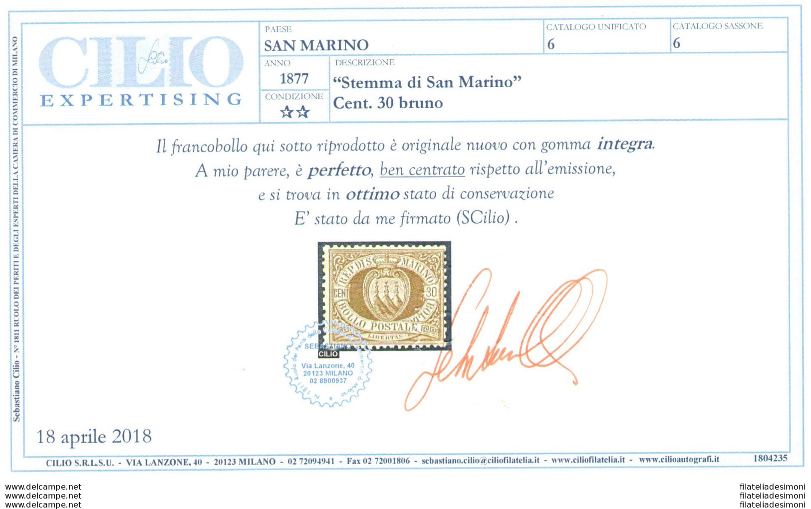 1877 San Marino, Catalogo Sassone N. 6, 30 Cent Bruno - Discreta Centratura - MNH** - Certificato Cilio - Autres & Non Classés