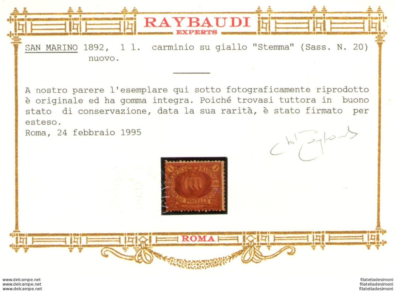 1892 SAN MARINO, N. 20 Lira Rossa, MNH** - Certificato RAYBAUDI ORO - Buono Stato Di Conservazione - Sonstige & Ohne Zuordnung