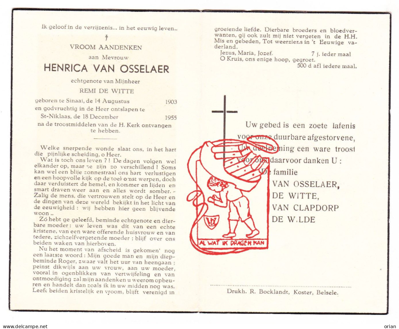 DP Henrica Van Osselaer ° Sinaai 1903 † Sint-Niklaas 1955 X Remi De Witte // Van Clapdorp De Wilde - Images Religieuses
