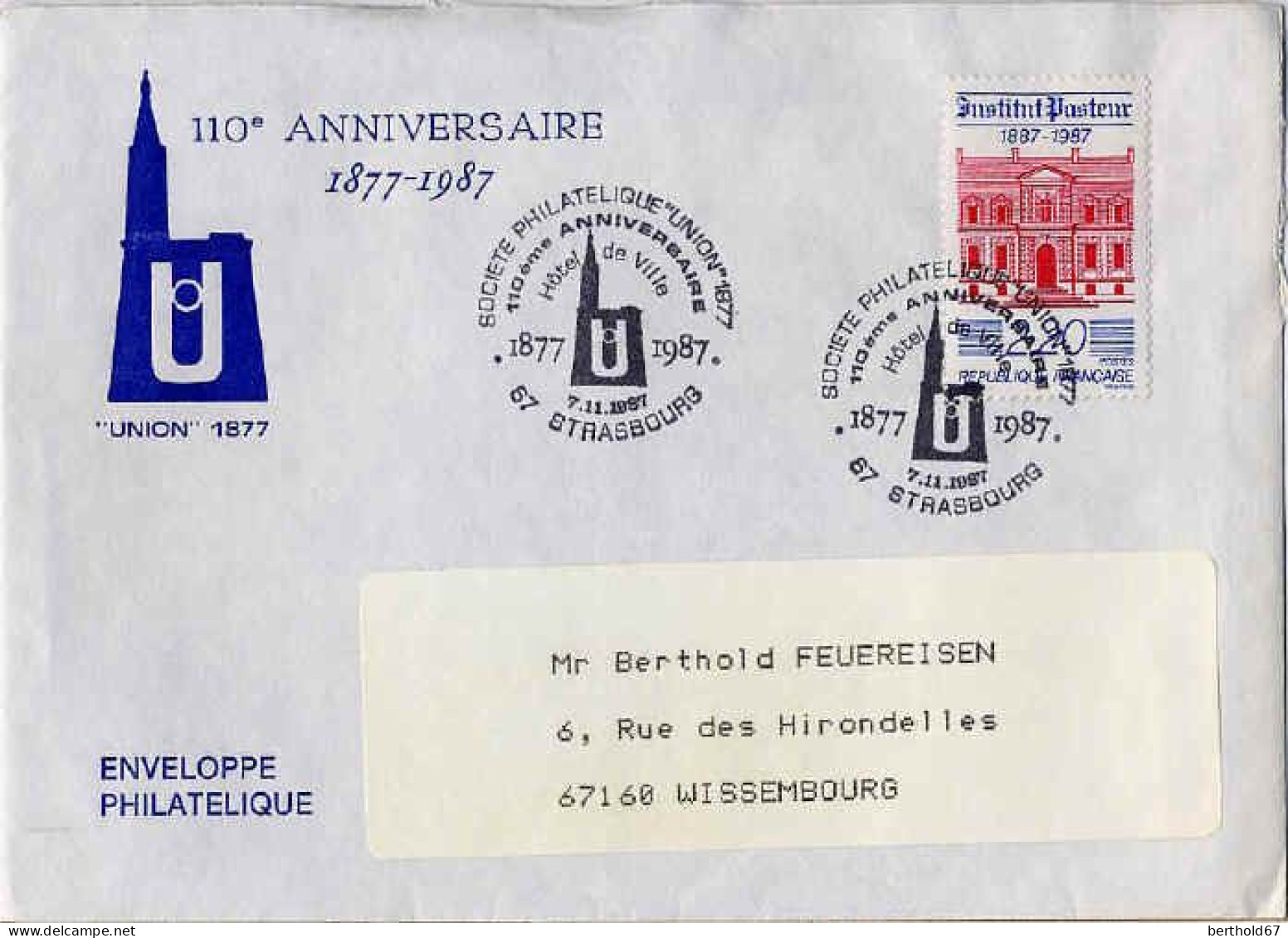 France Poste Obl Yv:2496 Mi:2629 Institut Pasteur Paris (TB Cachet à Date) Lettre Strasbourg 7-11-87 - Gedenkstempel