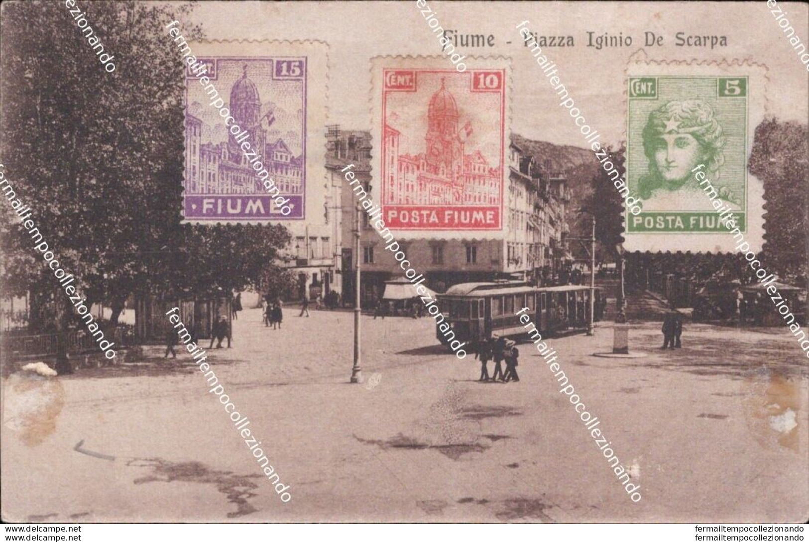 Am774 Cartolina Fiume Piazza Iginio De Scarpa Tram Croazia - Autres & Non Classés