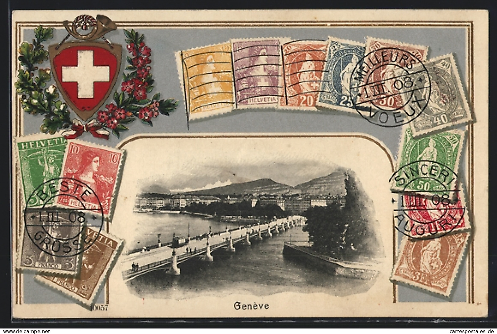 Präge-AK Genève, Flusspartie Mit Brücke, Briefmarken Und Wappen  - Genève