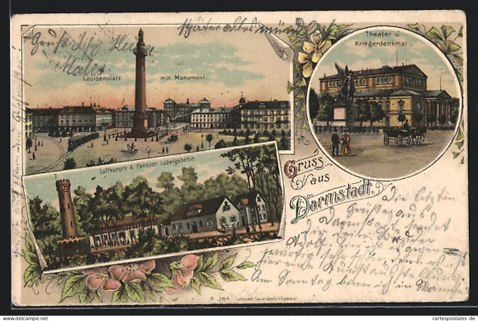 Lithographie Darmstadt, Pension Ludwigshöhe, Louisenplatz Mit Monument  - Darmstadt