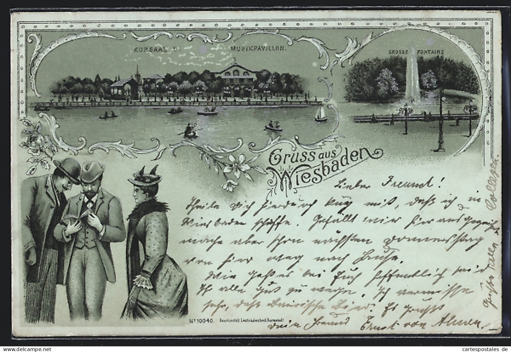 Mondschein-Lithographie Wiesbaden, Panorama Mit Kursaal U. Musikpavillon, Elegante Herrschaften Mit Einem Buch  - Wiesbaden