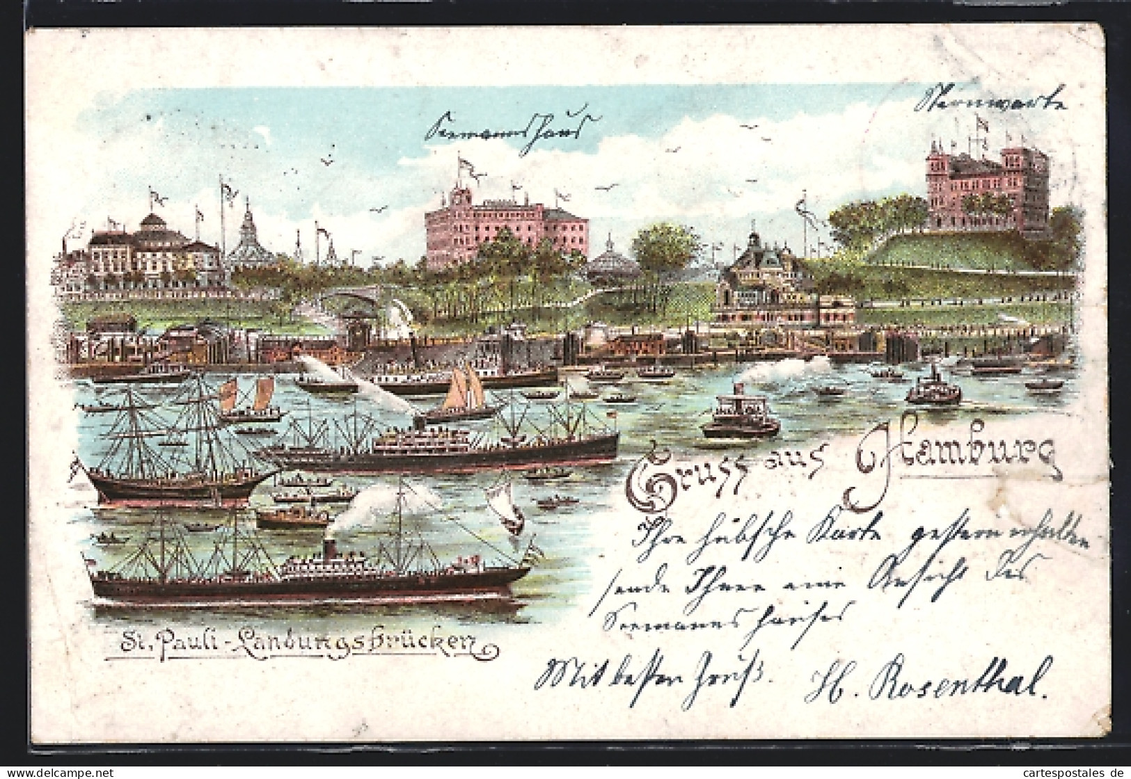 Lithographie Hamburg-St.Pauli, St. Pauli-Landungsbrücken, Panorama  - Mitte