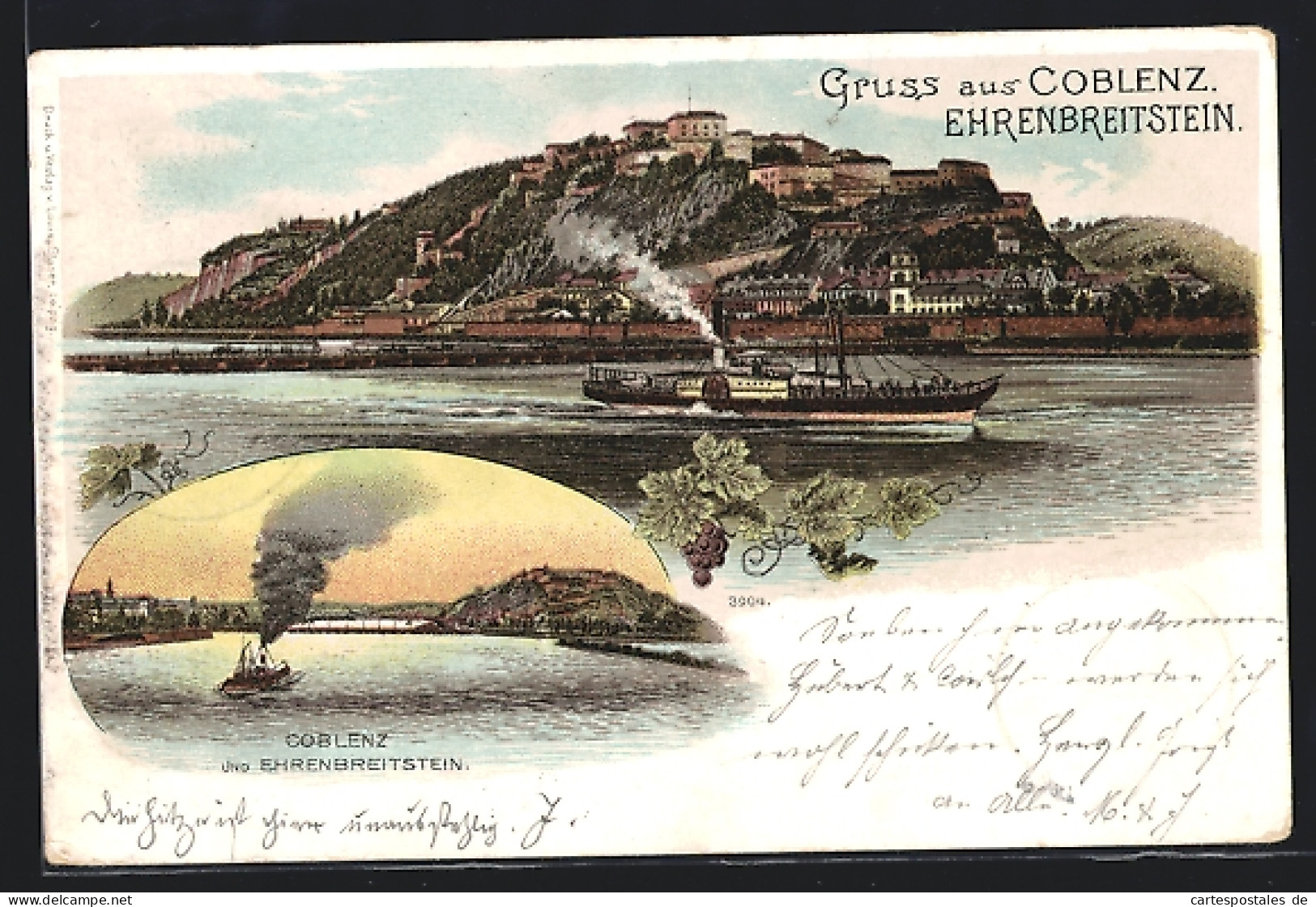 Lithographie Koblenz, Blick Zur Feste Auf Dem Berg, Blick Auf Ehrenbreitenstein  - Koblenz