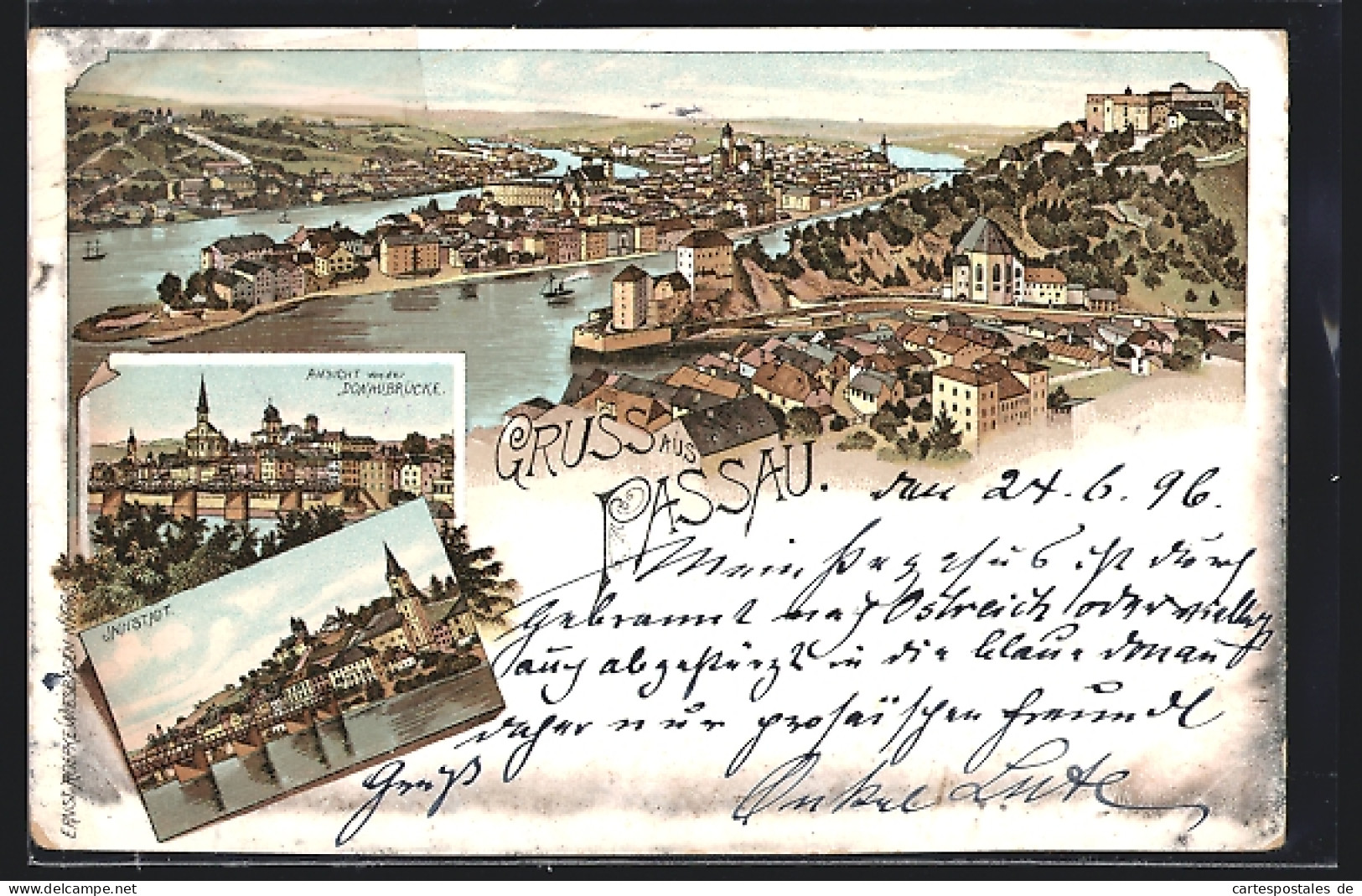 Lithographie Passau, Innstadt, Ansicht Der Donaubrücke  - Passau